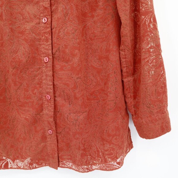 Chico's Corduroy Burnout Shirt Womens M Orange Western Preppy 70's Boho Academia - Picture 9 of 16